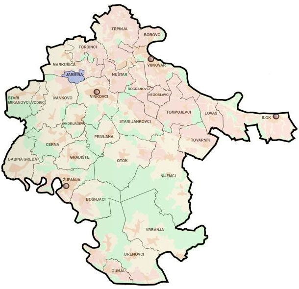 Karta Vukovarsko-srijemske županije s označenom Općinom Jarmina